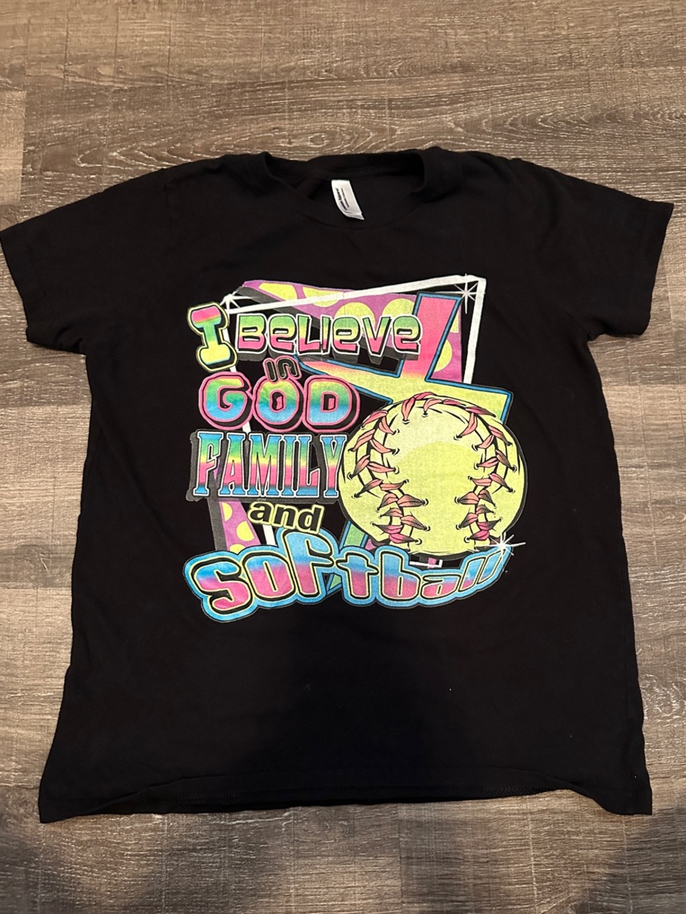 Kids Black 'I Believe in God Family and Softball' Graphic Tee